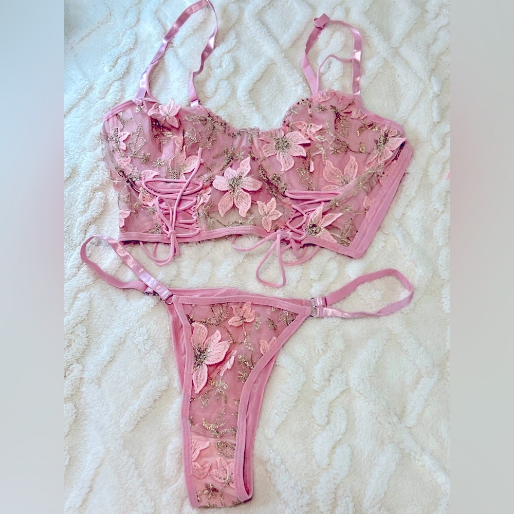 Pink Fairy Floral Underwire Lace Lingerie Set